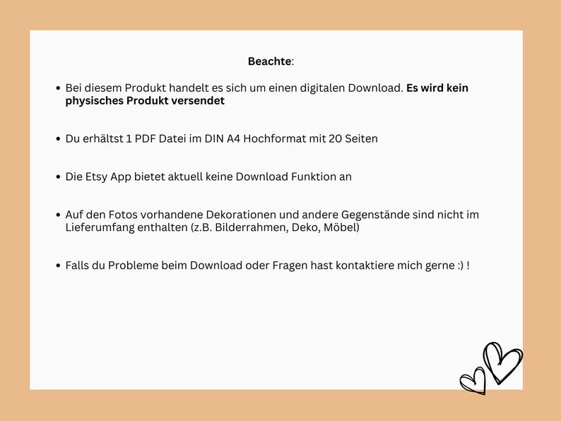 Op de afbeelding: Een digitale download-vermelding voor een 20 pagina's tellend PDF-document in DIN A4-formaat. De vermelding bevat informatie over het product, zoals het feit dat het een digitale download is en dat er geen fysiek product wordt verzonden. Het bevat ook informatie over de Etsy-app en hoe je contact kunt opnemen met de verkoper als je vragen hebt.