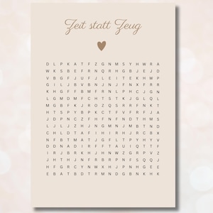 Gutschein Rätsel Zeit statt Zeug Personalisierbares Rätsel Zeit verschenken Geschenkidee Last Minute DIY PDF Überraschung Wörtersuchen beige
