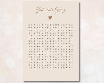 Gift voucher for puzzles – time instead of things. Personalized puzzle – give the gift of time. Gift idea – last minute DIY PDF surprise – word search – beige