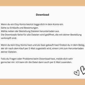 Op de afbeelding: Instructies over het downloaden van digitale bestanden die zijn gekocht bij Etsy. De tekst legt uit hoe je bestanden kunt downloaden als je een Etsy-account hebt of als je als gast hebt gekocht.