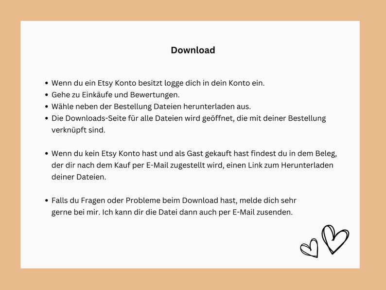 Op de afbeelding: Instructies over het downloaden van digitale bestanden die zijn gekocht bij Etsy. De tekst legt uit hoe je bestanden kunt downloaden als je een Etsy-account hebt of als je als gast hebt gekocht.