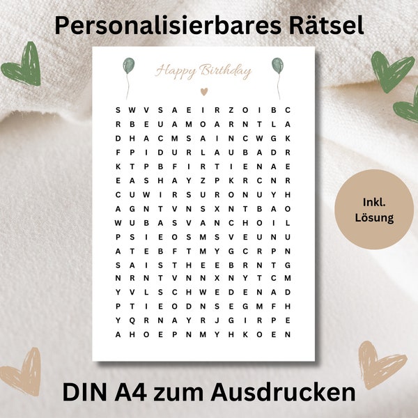 Personalisiertes Gutschein-Rätsel Personalisierter Gutschein Geschenkgutschein Vorlage Download druckbar PDF Geburtstag Überraschung boho