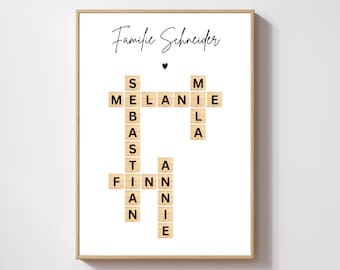 Cartel familiar nombre letras apellido signo personalizado crucigrama nombre rompecabezas PDF A4 cartel housewarming regalo rompecabezas