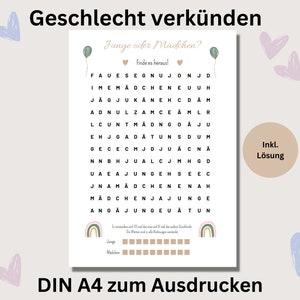 Baby gender reveal puzzle guessing game word search pdf Boho boy or girl to print German baby shower game Gender Reveal