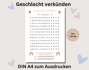 Baby gender reveal puzzle guessing game word search pdf Boho boy or girl to print German baby shower game Gender Reveal
