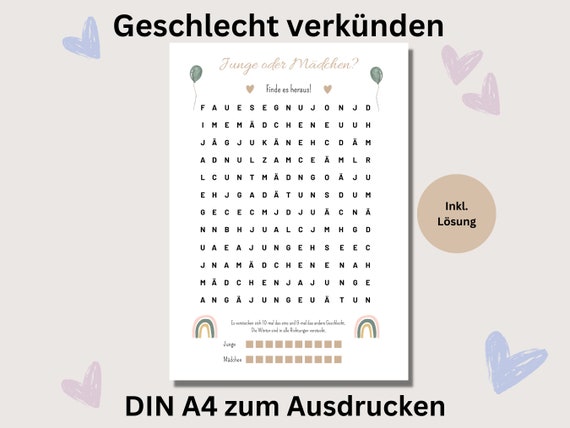 Baby Geschlecht verkünden Rätsel Ratespiel Wörtersuchen pdf Boho Junge oder Mädchen zum Ausdrucken deutsch Babypartyspiel Gender Reveal