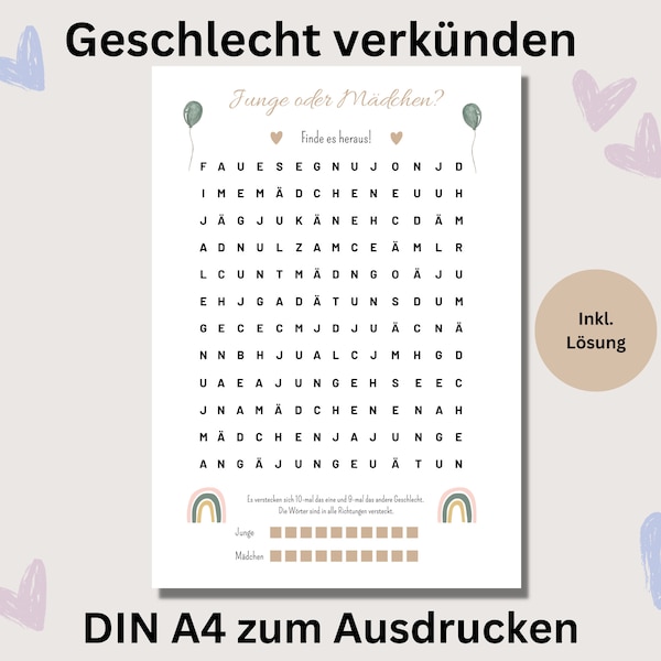 Baby Geschlecht verkünden Rätsel Ratespiel Wörtersuchen pdf Boho Junge oder Mädchen zum Ausdrucken deutsch Babypartyspiel Gender Reveal