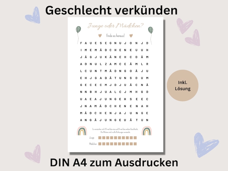 Baby gender reveal puzzle guessing game word search pdf Boho boy or girl to print German baby shower game Gender Reveal image 1