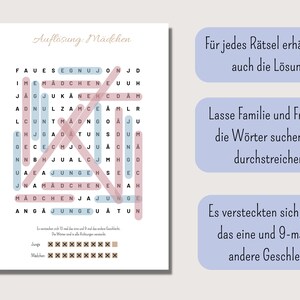 May include: A printable word search puzzle with a pink and blue color scheme. The puzzle features the words "M&auml;dchen" and "Junge" which are German for "girl" and "boy". The text "Aufl&ouml;sung: M&auml;dchen" is at the top of the puzzle. The text "F&uuml;r jedes R&auml;tsel erh&auml;ltst du auch die L&ouml;sung" is at the top right of the puzzle. The text "Lasse Familie und Freunde die W&ouml;rter suchen und durchstreichen" is in the middle right of the puzzle. The text "Es versteckten sich 10-mal das eine und 9-mal das andere Geschlecht" is at the bottom right of the puzzle.