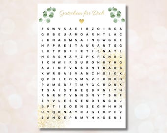 Personalized Voucher - Puzzles as a creative gift idea - Eucalyptus Word Search Puzzles Time instead of stuff Download to print PDF