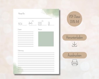 Recipe template for printing PDF recipe DIN A4 for printing digital download recipe template, printable recipe template, recipe template German