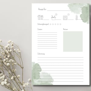 May include: A printable recipe template with a watercolor background. The template includes sections for the recipe name, number of servings, ingredients, notes, and instructions.