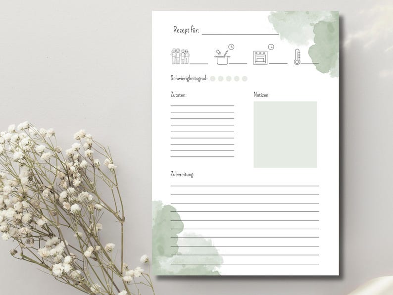 May include: A printable recipe template with a watercolor background. The template includes sections for the recipe name, number of servings, ingredients, notes, and instructions.