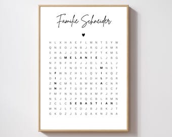May include: A black and white printable wall art design with the text "Familie Schneider" and a heart symbol. The names "Melanie", "Finn", and "Sebastian" are spelled out using letters from a grid of letters.