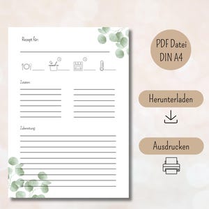 Rezeptvorlage zum Ausdrucken PDF digitaler Download DIN A4 Hochformat druckbare Rezeptvorlage Rezeptkarte zum ausfüllen deutsch backen