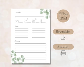 Recipe template for printing PDF digital download DIN A4 portrait format printable recipe template recipe card to fill out German baking