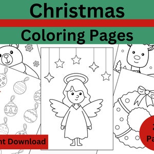 Op de afbeelding: Een set van 24 zwart-wit kerst kleurplaten met een beer, engel en krans. De tekst "Direct downloaden" en "24 pagina's" is in de afbeelding opgenomen.