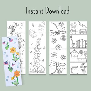 Op de afbeelding: Set van vijf printbare bladwijzers met zwart-witte lijntekeningen van bloemen, een libel, een boek, een vogelhuisje en een tuinscene. De bladwijzers zijn ontworpen om in te kleuren.