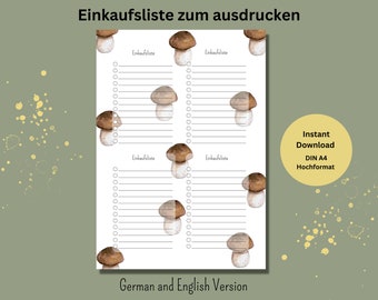 Puede incluir: Plantilla de lista de la compra imprimible con una ilustración de hongo. La lista está dividida en dos columnas con el texto "Einkaufsliste" en la parte superior de cada columna. El texto "German and English Version" está en la parte inferior de la página. El texto "Instant Download DIN A4 Hochformat" está en un círculo amarillo en la esquina superior derecha de la página.