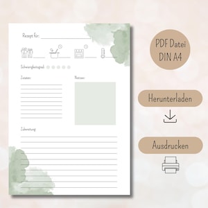 Receptsjabloon om PDF digitale receptenkaart af te drukken digitale download DIN A4 portretformaat receptenkaart om Duits kookgroen in te vullen