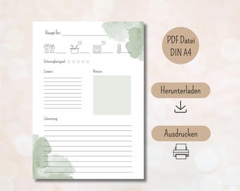 May include: Printable recipe template with a watercolor background. The template includes sections for the recipe name, difficulty level, ingredients, instructions, and notes. The text "PDF Datei DIN A4" is visible in the upper right corner of the image. The text "Herunterladen" and "Ausdrucken" are visible in the lower right corner of the image.