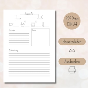 Modèle de recette à imprimer, recette DIN A4 à imprimer, modèle de recette à télécharger numérique, modèle de recette imprimable, modèle de recette PDF allemand