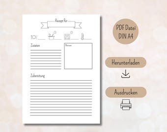 Recipe template for printing, recipe DIN A4 for printing, digital download recipe template, printable recipe template, recipe template German PDF