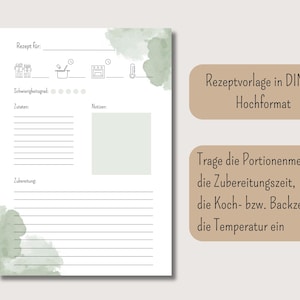 May include: A printable recipe template in DIN A4 format with a watercolor background. The template includes sections for the recipe name, difficulty level, ingredients, instructions, and notes.