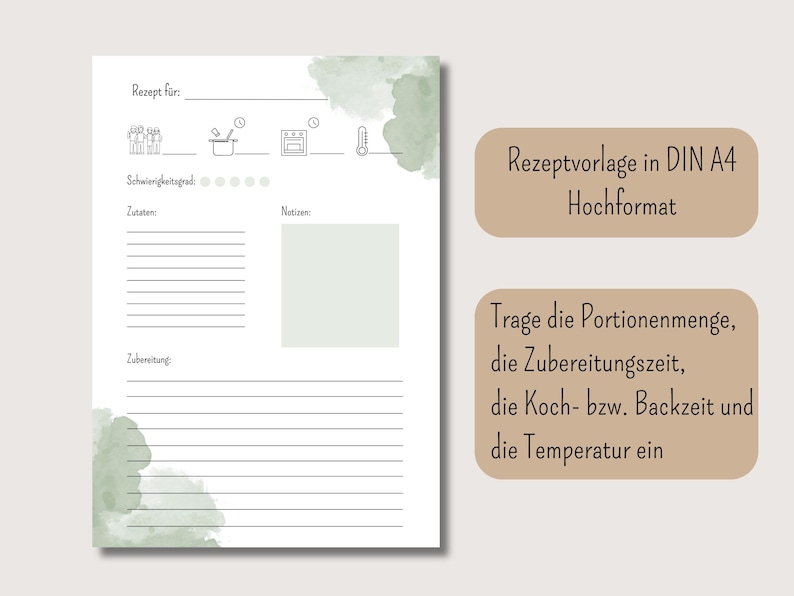 May include: A printable recipe template in DIN A4 format with a watercolor background. The template includes sections for the recipe name, difficulty level, ingredients, instructions, and notes.