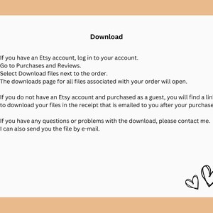 Op de afbeelding: Een tekstuele handleiding over het downloaden van digitale bestanden die zijn gekocht bij Etsy. De handleiding bevat instructies voor Etsy-accounthouders en gasten.