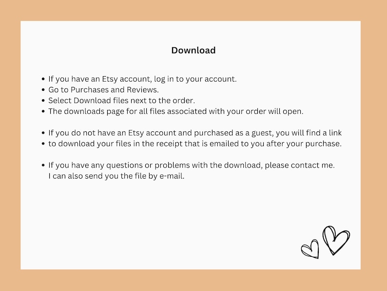 Op de afbeelding: Een tekstuele handleiding over het downloaden van digitale bestanden die zijn gekocht bij Etsy. De handleiding bevat instructies voor Etsy-accounthouders en gasten.