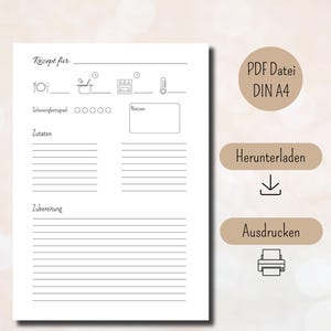 Rezeptvorlage zum Ausdrucken PDF digitale Rezeptkarte digitaler Download DIN A4 Hochformat Rezeptkarte zum ausfüllen deutsch kochen schlicht