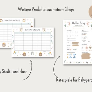 May include: Two printable game sheets with a light blue background and a cute animal theme. The first sheet is a "Baby Stadt Land Fluss" game with a grid of squares. The second sheet is a "Hallo Baby" game with a calendar, a list of baby-related questions, and a section for writing down answers. Both sheets are decorated with cute animals, stars, and balloons.