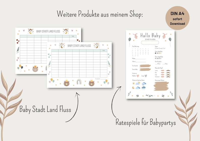 May include: Two printable game sheets with a light blue background and a cute animal theme. The first sheet is a "Baby Stadt Land Fluss" game with a grid of squares. The second sheet is a "Hallo Baby" game with a calendar, a list of baby-related questions, and a section for writing down answers. Both sheets are decorated with cute animals, stars, and balloons.