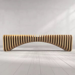 May include: A wooden bench with a curved design, featuring a series of slats that create a unique and modern look.