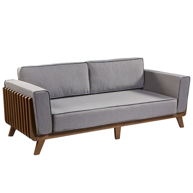 May include: A grey fabric sofa with wooden legs and a slatted wooden armrest. The sofa has a simple, modern design.