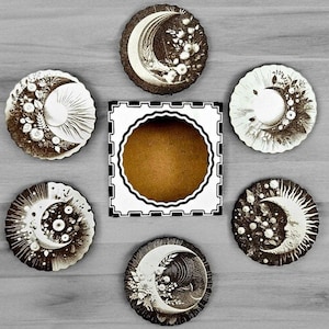 Moon Coaster Set – 6 Wooden Coasters with Storage Box – Handmade Celestial Decor & Unique Gift for Moon Lovers