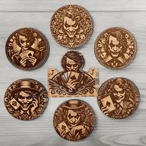 Joker Coaster Set – 6 Engraved Wooden Drink Coasters with Box – Man Cave & Bar Décor – Villain Gift