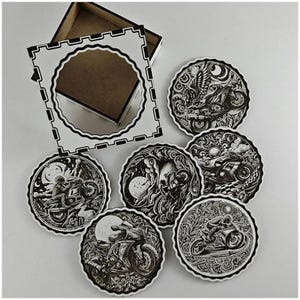 Motorcycle Coaster Set – 6 Wooden Biker Coasters with Storage Box – Handmade Gift for Motorcyclists & Riders