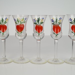 5 Vintage Holmegaard Cordial Glasses Hand Painted Hearts Made in Denmark in 1950s Designed by Jacob Bang in Perfect Condition