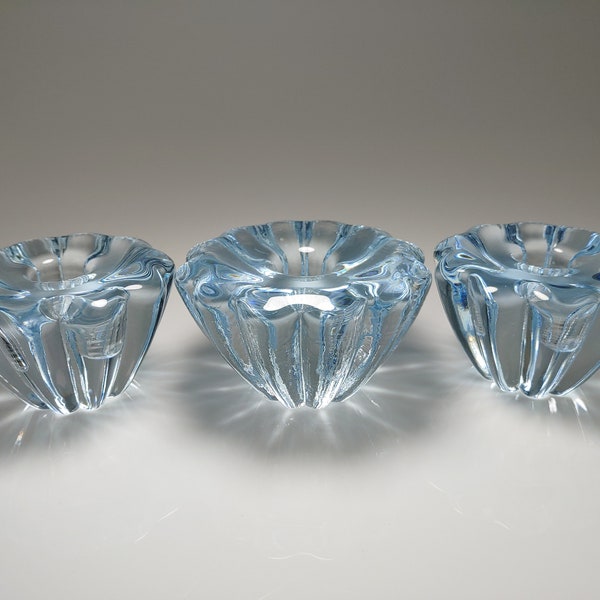 Vintage Sven Palmqvist Set of 3 Orrefors Stella Blue Crystal Candle Holders 1960s one bigger 10.5cm two smaller 9cm Perfect Set & Condition
