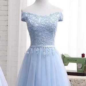 A-Line Satin Lace Appliqued Tulle Off-the Shoulder Prom Bridesmaid Dress