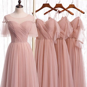 A-Line Dusty Pink Tulle multiple Styles Long Prom Dresses Bridesmaid Dress