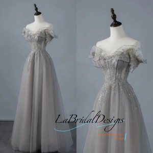 Gray Tulle Lace Floor Length Evening Dress, Off the Shoulder Prom Dress