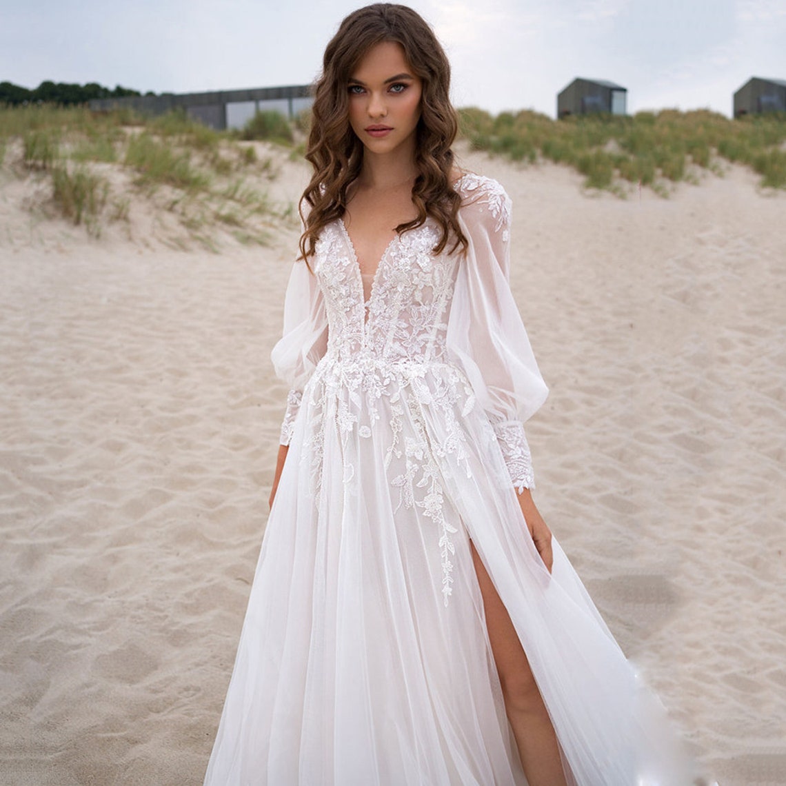 Puff Sleeves Boho Wedding Dresses Deep V-neck Side Slit Bridal - Etsy