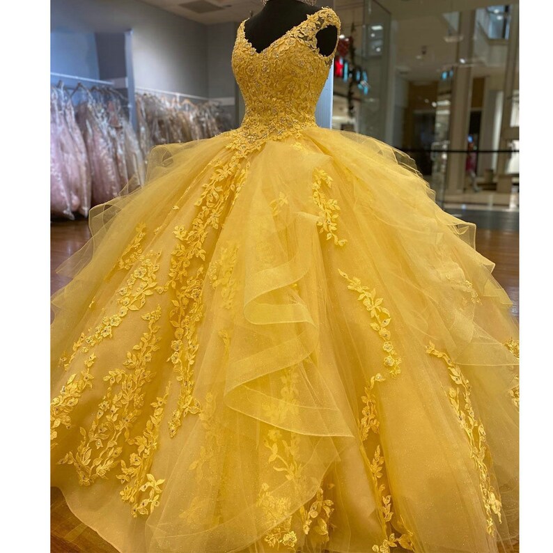 Yellow Quinceanera Dress Lace Appliques Crystals Ball Gown - Etsy