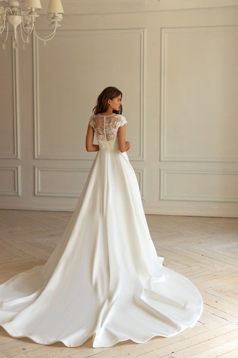 Satin Lace Wedding Dresses Aline Cap Sleeves Bridal Gowns Etsy