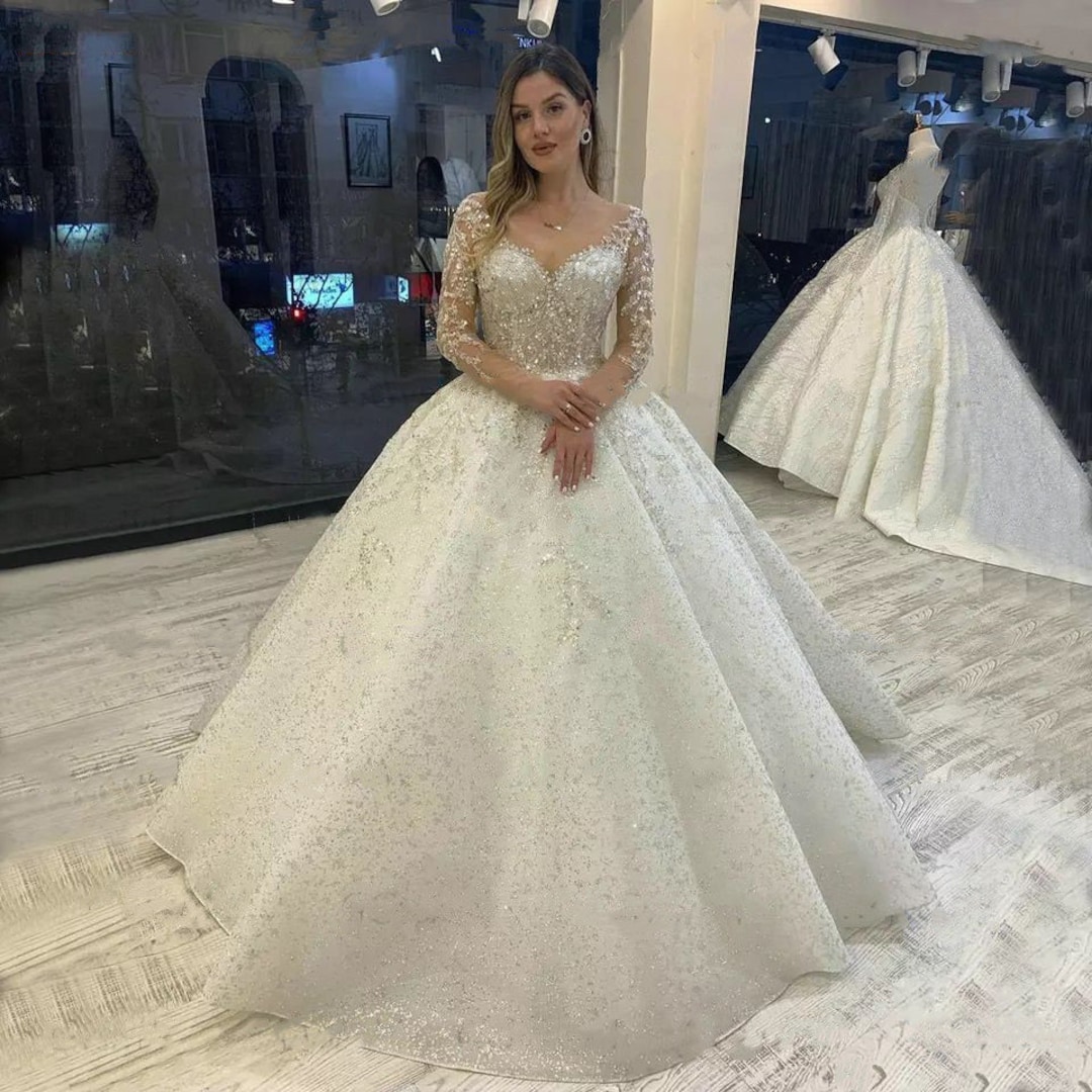 Luxury Bling Princess Wedding Dresses Beads Long Sleeves Bridal Gowns