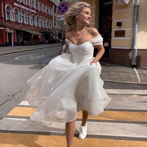 Glitter Ankle Length Wedding Dresses A-line Off the Shoulder Bridal Gowns Lace up Back Short Luxury Bridal Dress