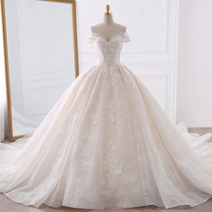 3D Lace Appliques Luxury Wedding Dresses V-neck Off The Shoulder Short Sleeves Bridal Gowns Ball Gown Long Train Bridal Dress Cathedtral